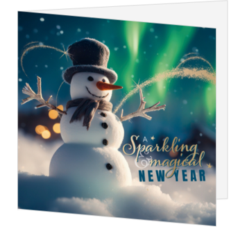 Kerstkaart met sneeuwpop en magische nieuwjaarswens