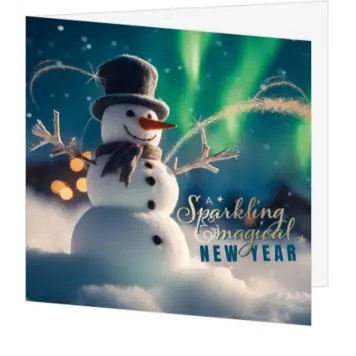 Kerstkaart met sneeuwpop en magische nieuwjaarswens