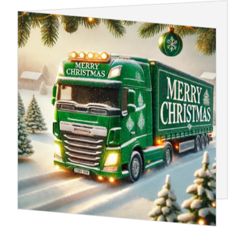 Kerstkaart met groene vrachtwagen in winterse kerstsfeer