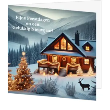 Kerstkaart met winterlandschap, chalet en rendier