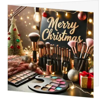 kerstkaart met make-upkwasten en feestelijke kerstsfeer