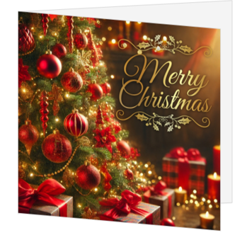 Kerstkaart met kerstboom, rode kerstballen en cadeaus