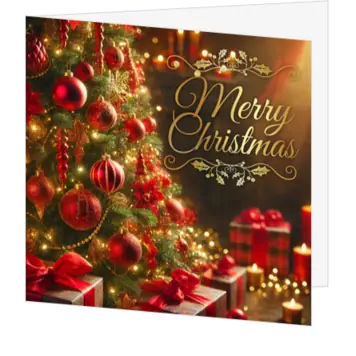 Kerstkaart met kerstboom, rode kerstballen en cadeaus