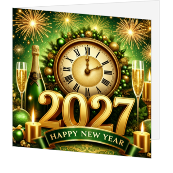 Kerstkaart met groen-gouden nieuwjaarssfeer 2027