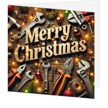 Kerstkaart met Merry Christmas en gereedschap