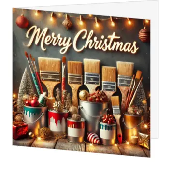 kerstkaart met kwasten, verfpotjes en Merry Christmas