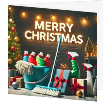 kerstkaart met schoonmaakartikelen en kerstboom