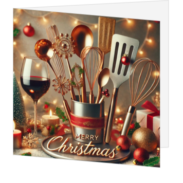Kerstkaart met keukengerei, wijn en Merry Christmas