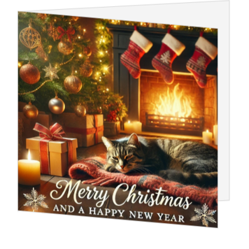 Kerstkaart met kat bij kerstboom en open haard