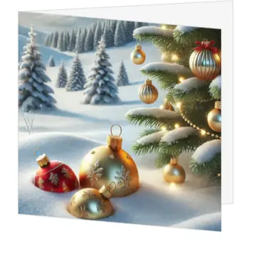kerstkaart met kerstballen in de sneeuw