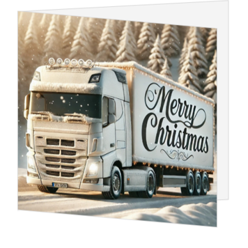 Kerstkaart met vrachtwagen in de sneeuw