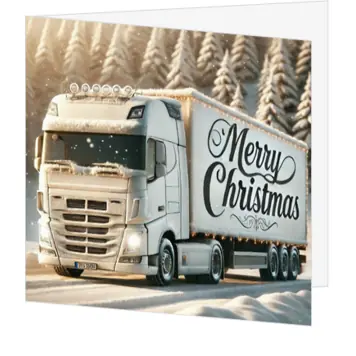 kerstkaart met vrachtwagen in de sneeuw