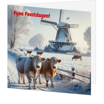 Kerstkaart met koeien, molen en winterlandschap