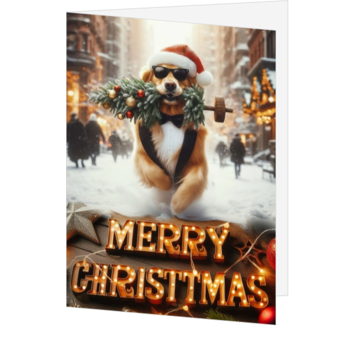 Kerstkaart met hond, kerstboom en Merry Christmas