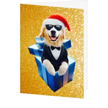 Kerstkaart met hond in cadeau en gouden glitters