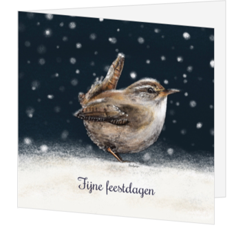Kerstkaart met winterkoninkje in de sneeuw