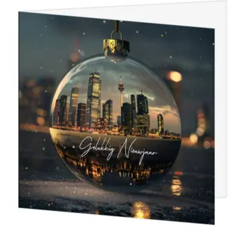 kerstkaart met glazen kerstbal en Rotterdam
