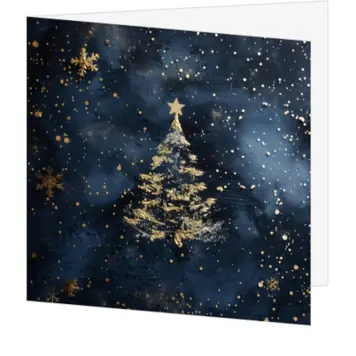 kerstkaart met gouden kerstboom op donkerblauwe achtergrond