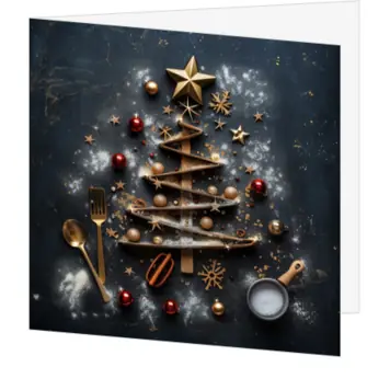 kerstkaart met kerstboom van keukengerei