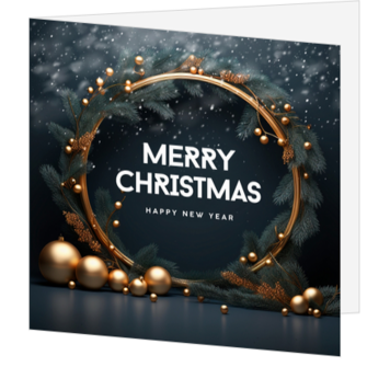 Kerstkaart met gouden krans en witte tekst