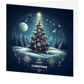 Kerstkaart met verlichte kerstboom in winterlandschap