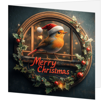 Kerstkaart met roodborstje in feestelijke kerstsfeer