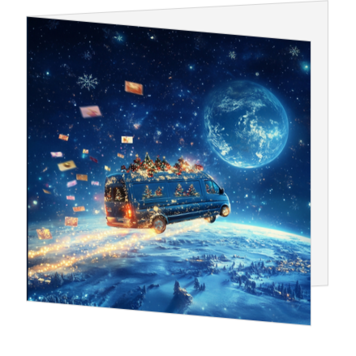 Originele kerstkaart met vliegende bus en wereldse kerstgroet