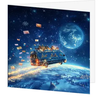 Originele kerstkaart met vliegende bus en wereldse kerstgroet