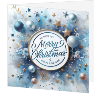 Blauw-gouden kerstkaart met sterren en kerstballen
