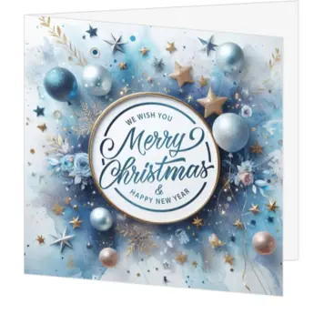 Blauw-gouden kerstkaart met sterren en kerstballen