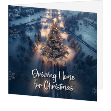 Sfeervolle kerstkaart met verlichte kerstboom op de weg