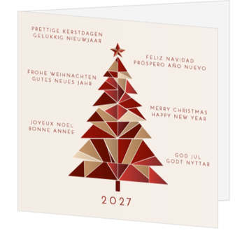Kerstkaart met geometrische kerstboom en wereldse wensen