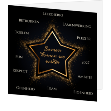 Kerstkaart met gouden ster en kernwaarden