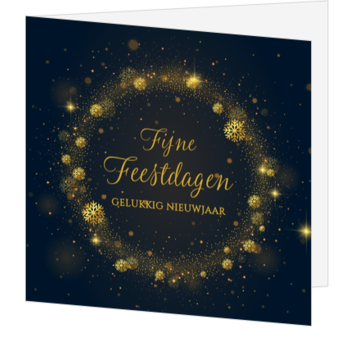 Stijlvolle kerstkaart met gouden sneeuwkristallen