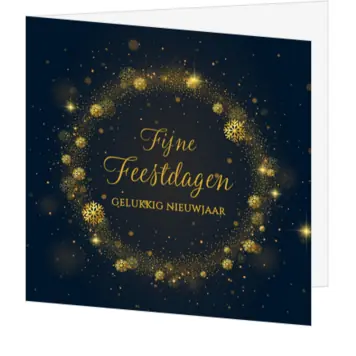 Stijlvolle kerstkaart met gouden sneeuwkristallen