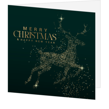 Kerstkaart met gouden rendier op donkergroen