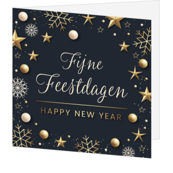 Stijlvolle kerstkaart met gouden sterren en sneeuwvlokken