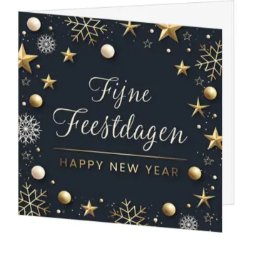 Stijlvolle kerstkaart met gouden sterren en sneeuwvlokken
