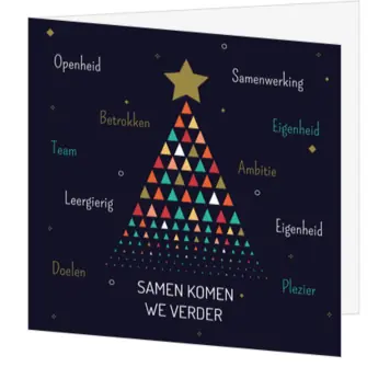 kerstkaart met kleurrijke kerstboom en kernwaarden