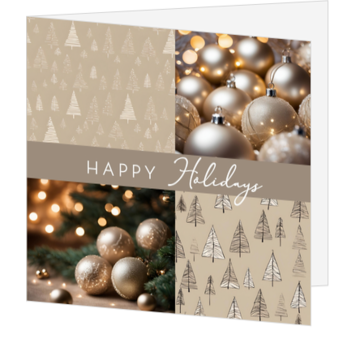 Stijlvolle kerstkaart met gouden kerstballen