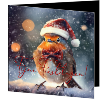Kerstkaart met roodborstje in kerstsfeer