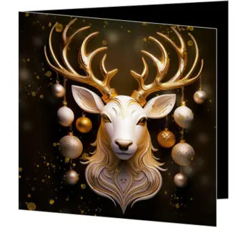 Luxe kerstkaart met wit hert en gouden kerstballen