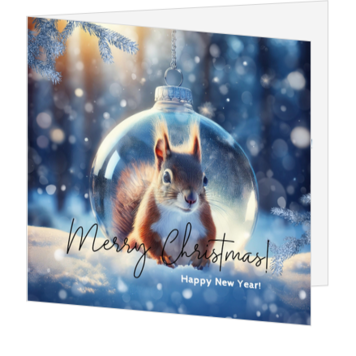 Kerstkaart met eekhoorn in glazen kerstbal