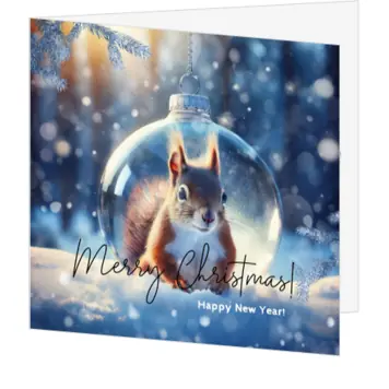 Kerstkaart met eekhoorn in glazen kerstbal