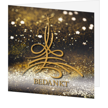 Stijlvolle kerstkaart met gouden kerstboom en bedankt