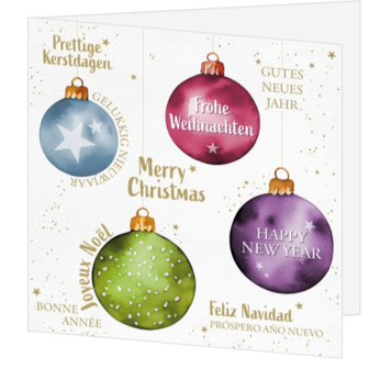 Kerstkaart met internationale kerstwensen en kerstballen