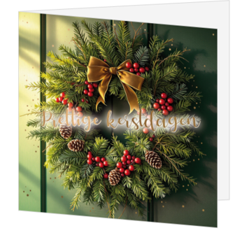 Kerstkaart met kerstkrans en gouden strik