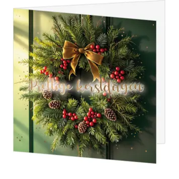 kerstkaart met kerstkrans en gouden strik