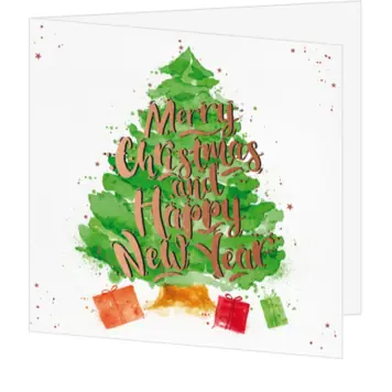Kerstkaart met geschilderde kerstboom en feestelijke wens