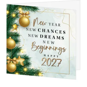 Luxe kerstkaart met gouden kerstballen en nieuwjaarswens